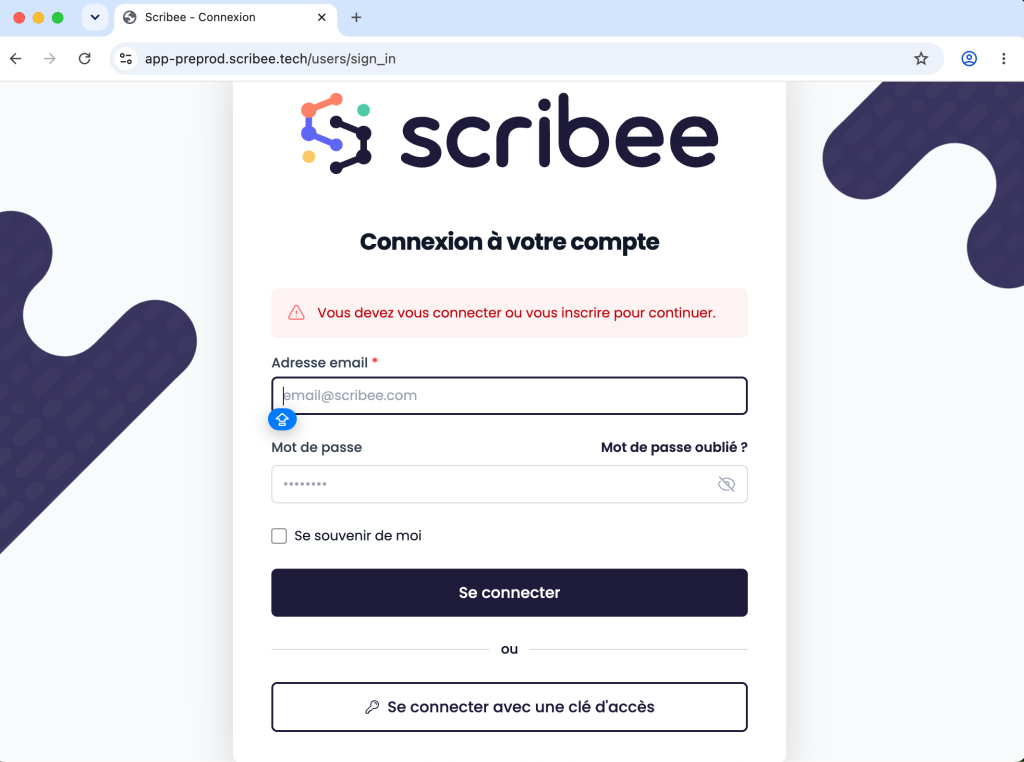 page de connexion Scribee